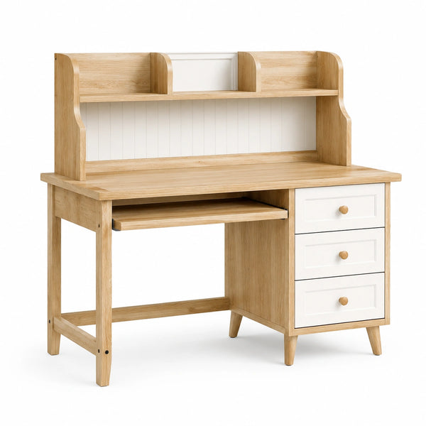 Bureau avec rangement 120 x 60 x 150 cm en bois naturel et blanc - style classique avec tiroirs