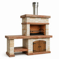 Barbecue extérieur 180 x 70 x 220 cm en pierre beige et brique avec cheminée et rangement