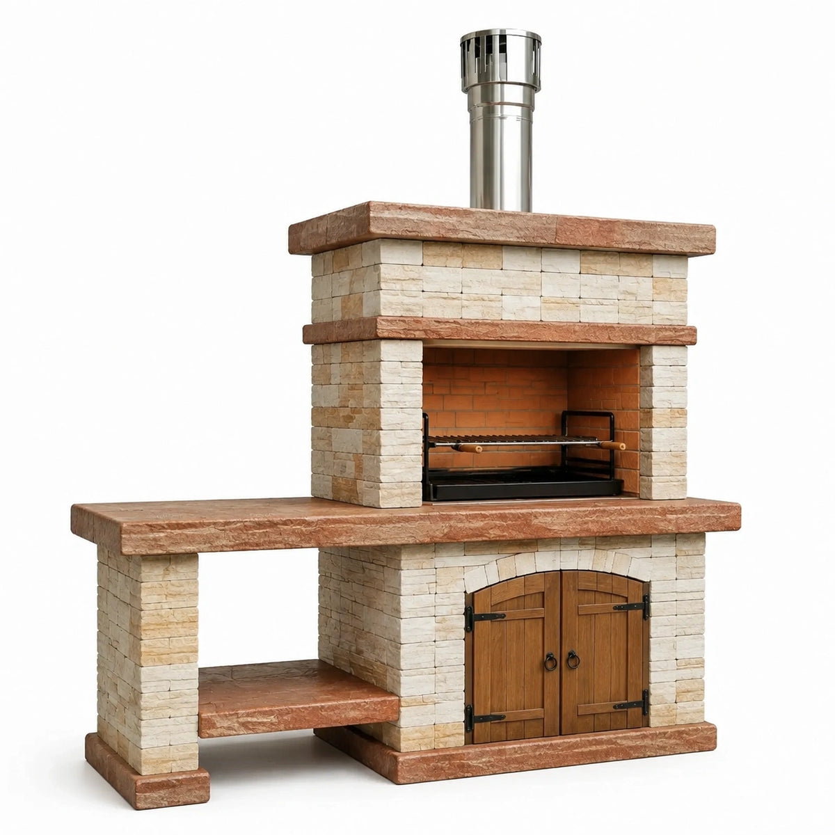 Barbecue extérieur 180 x 70 x 220 cm en pierre beige et brique avec cheminée et rangement