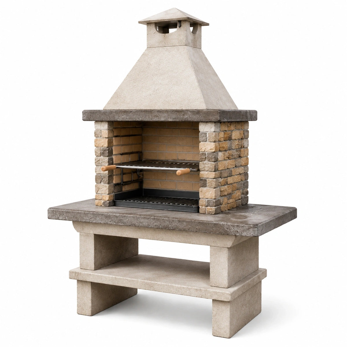 Barbecue de jardin 120 x 70 x 220 cm en pierre beige avec grille acier style rustique