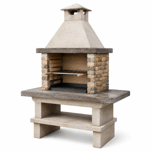 Barbecue de jardin 120 x 70 x 220 cm en pierre beige avec grille acier style rustique