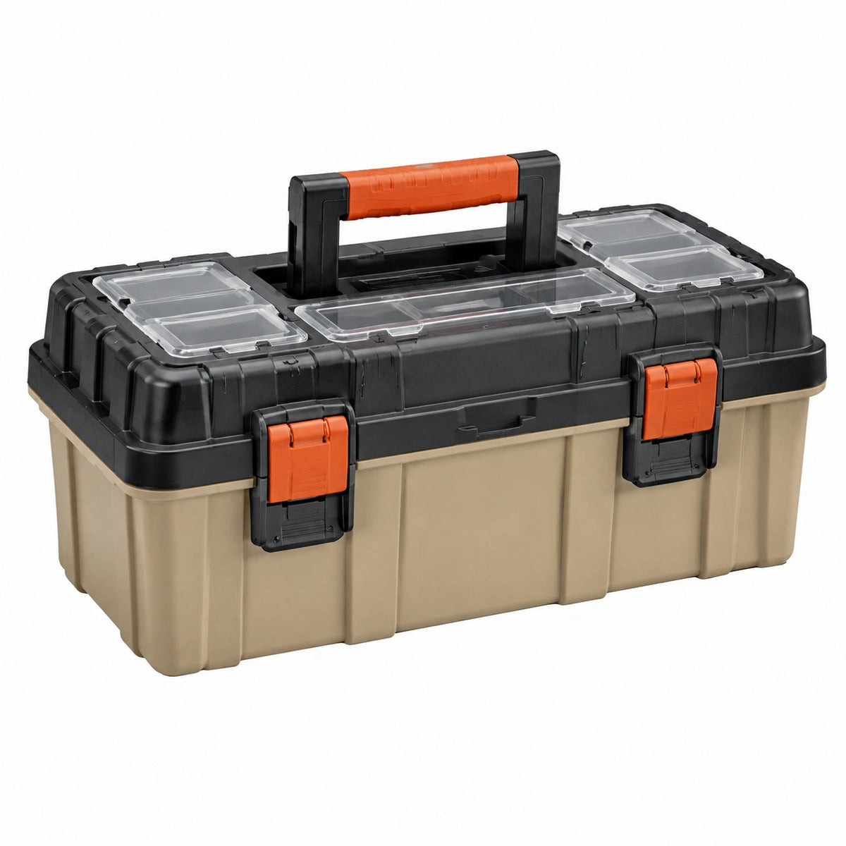 Boîte à outils 55 cm en plastique noir/beige/orange avec organiseurs transparents