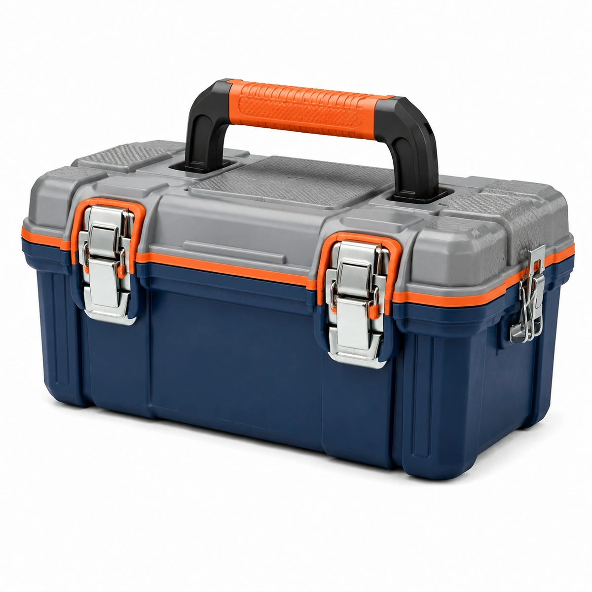Boîte à outils 48 cm en plastique bleu marine gris orange avec fermetures métalliques