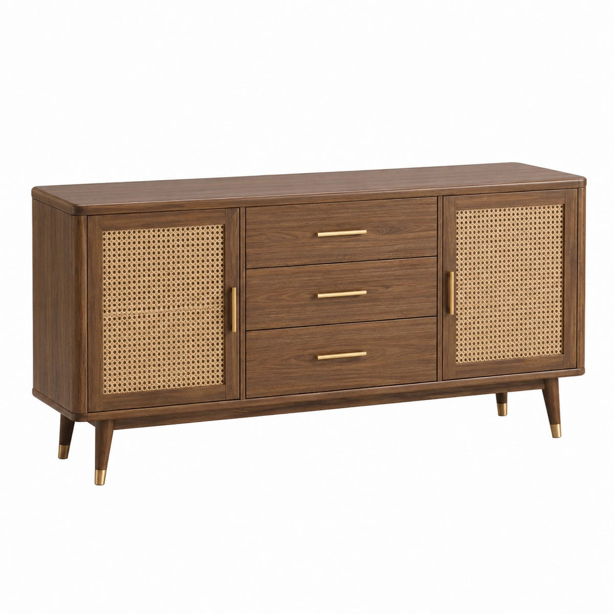 Buffet 160 x 40 x 80 cm en bois brun et cannage avec 3 tiroirs style rétro