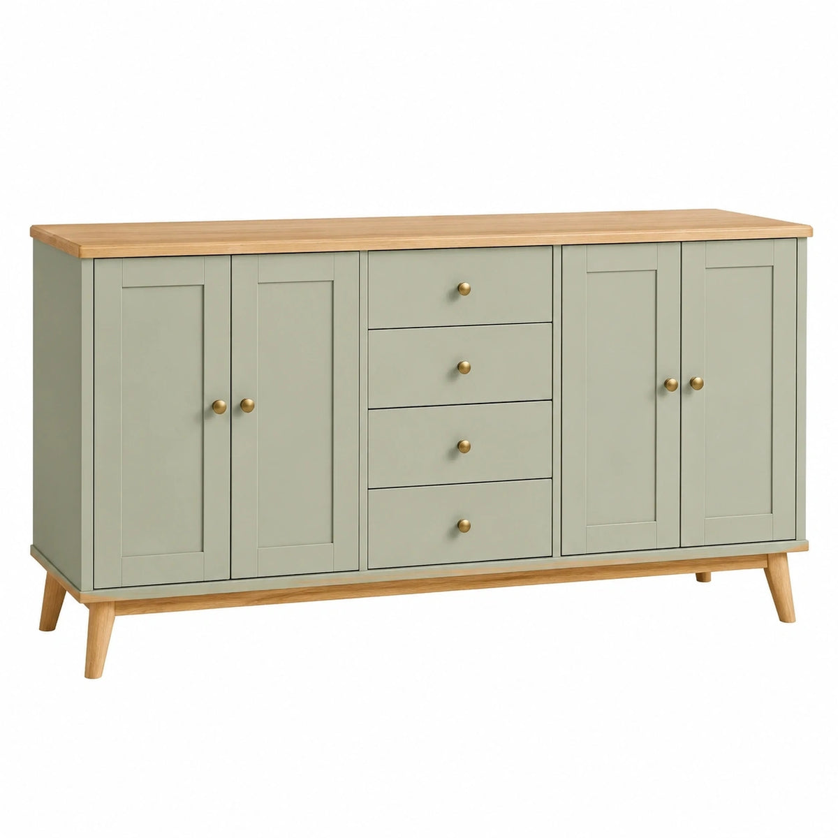 Buffet 160 x 40 x 85 cm vert sauge bois 4 portes 4 tiroirs style scandinave