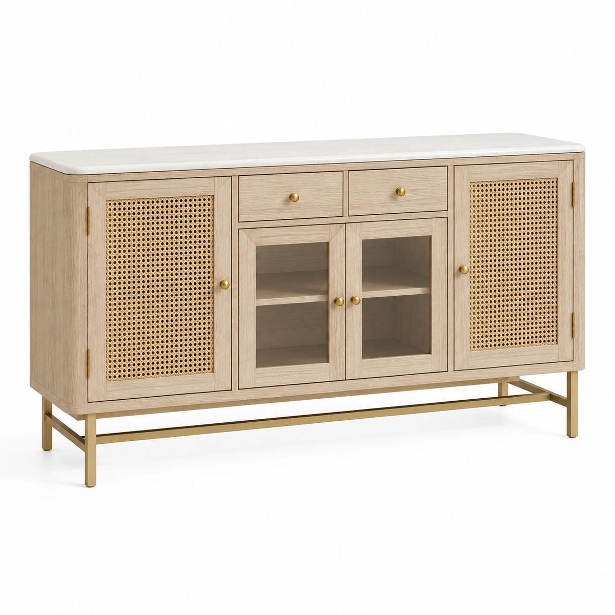 Buffet 160 cm en panneau aspect bois clair avec cannage plateau blanc et piètement doré