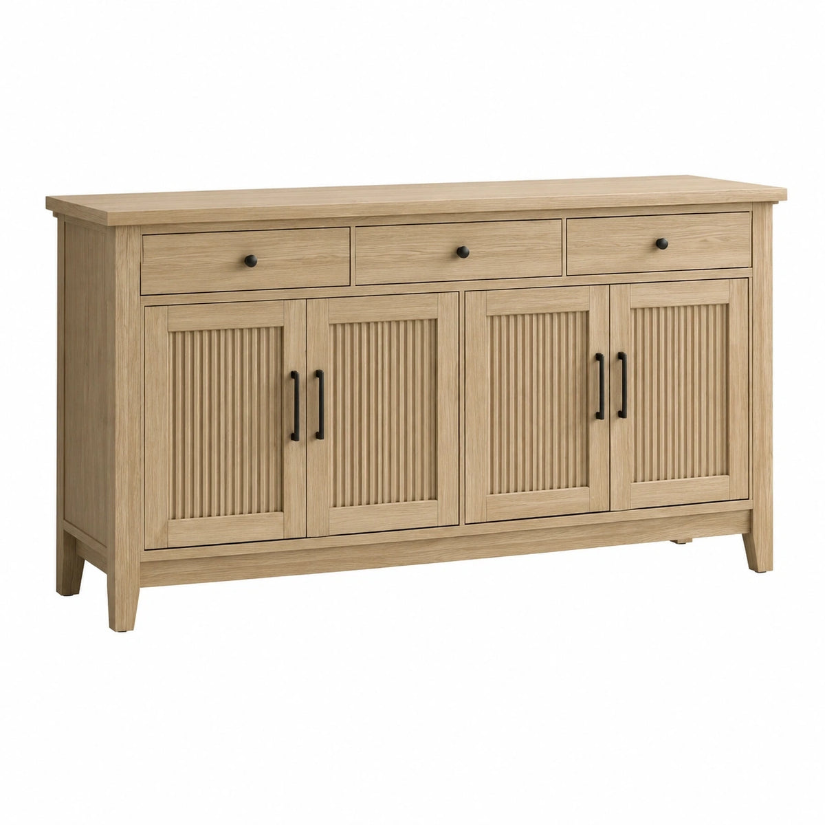 Buffet 140 x 40 x 90 cm en bois finition chêne naturel style contemporain avec 3 tiroirs et 4 portes