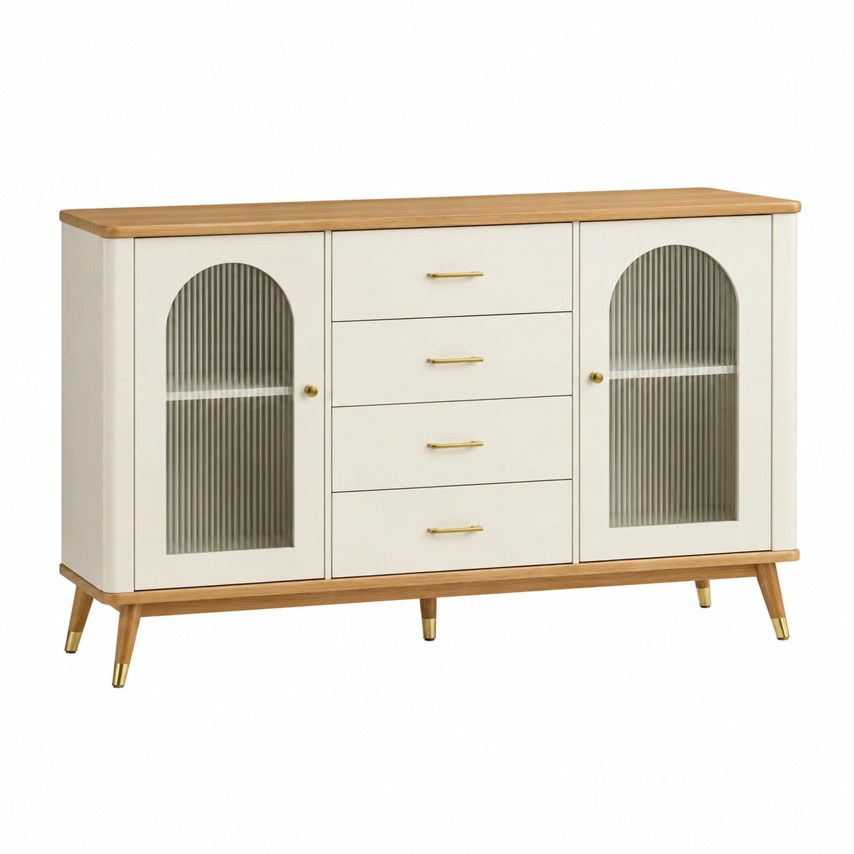 Buffet 160 x 40 x 90 cm en bois blanc et naturel avec portes vitrées style rétro