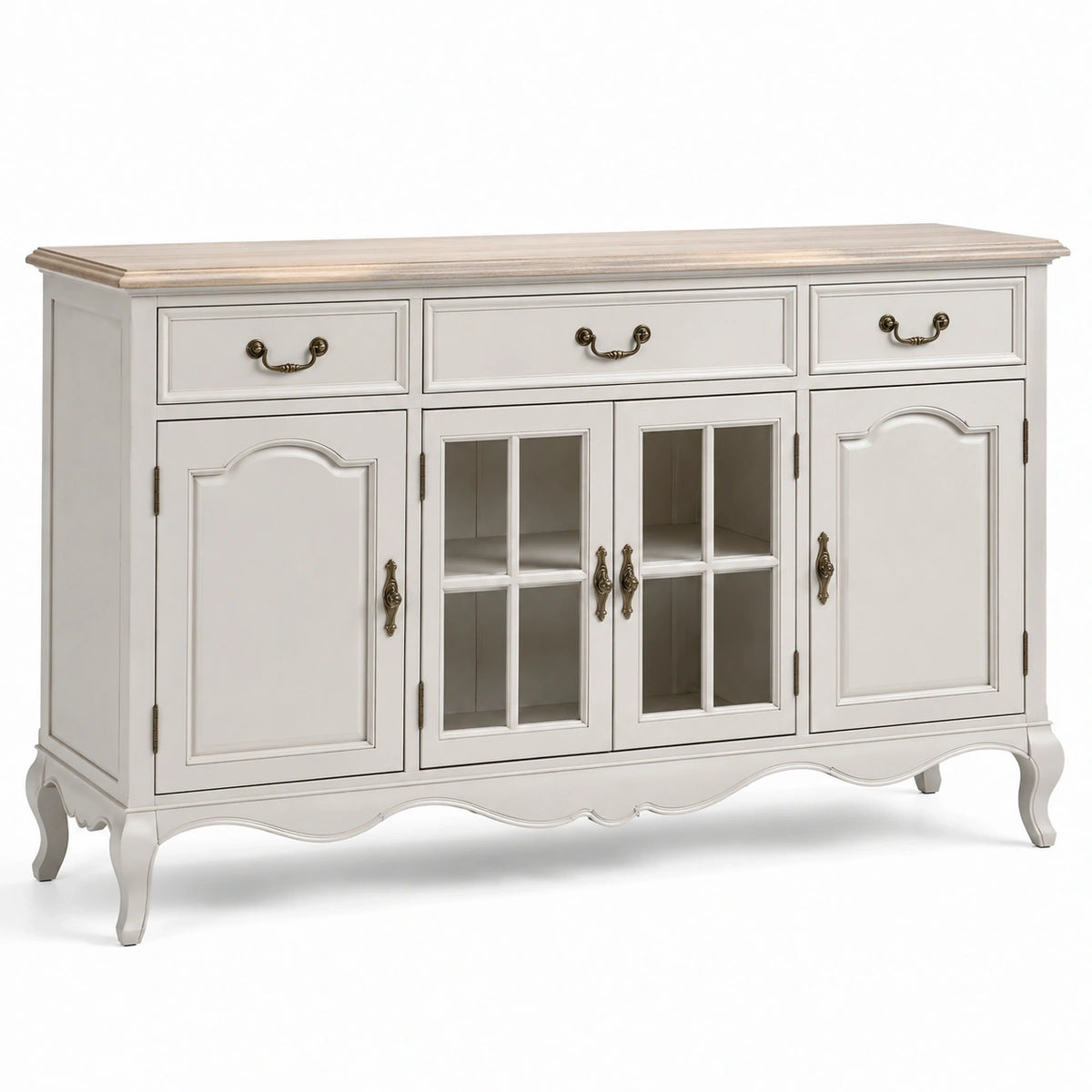 Buffet de rangement 160 x 45 x 90 cm en bois blanc cassé avec portes vitrées style classique