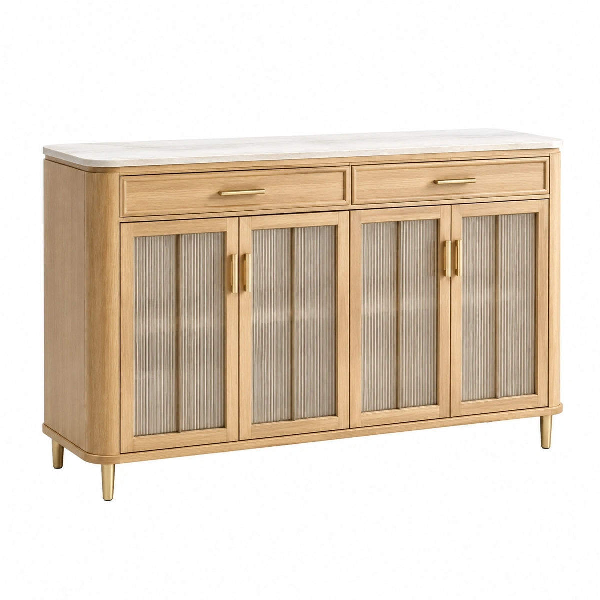 Buffet 160 x 40 x 90 cm en bois beige et verre strié avec rangement style contemporain