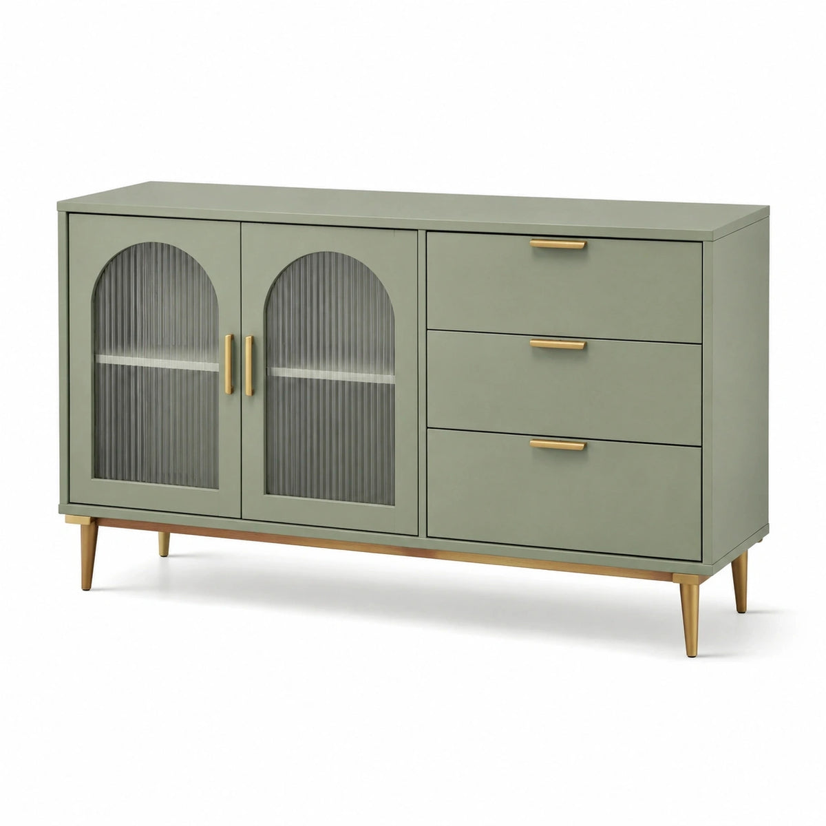 Buffet 160 x 40 x 85 cm vert sauge en bois et verre strié avec 3 tiroirs style rétro