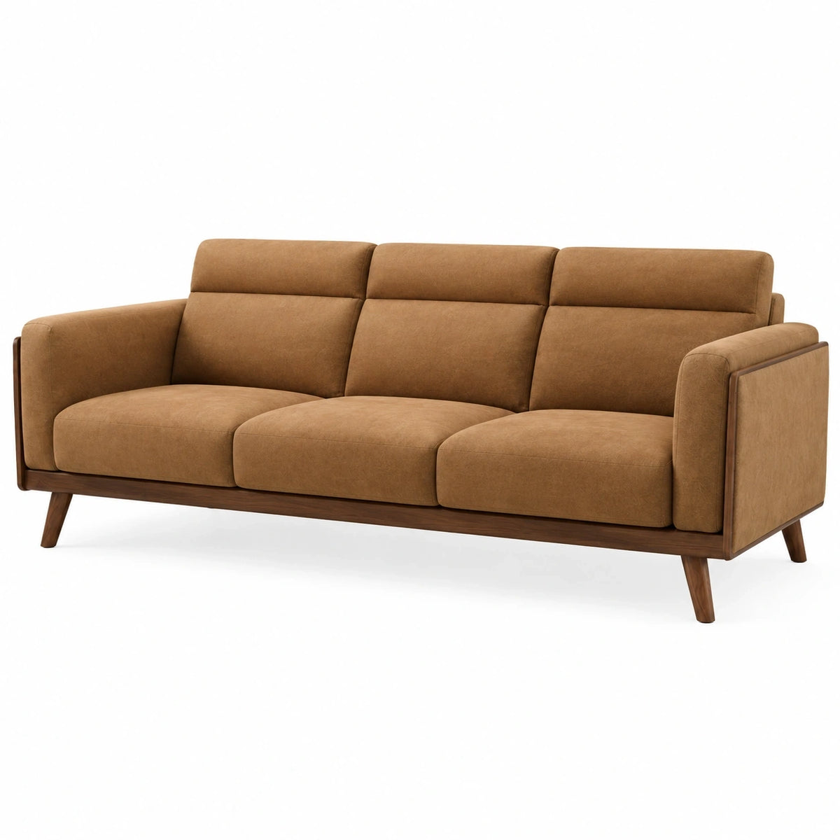 Canapé 3 places 210 cm en tissu brun avec structure en bois style moderne